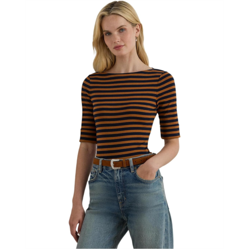 POLO RALPH LAUREN Womens Lauren Ralph Lauren Petite Striped Stretch Cotton Boatneck Tee