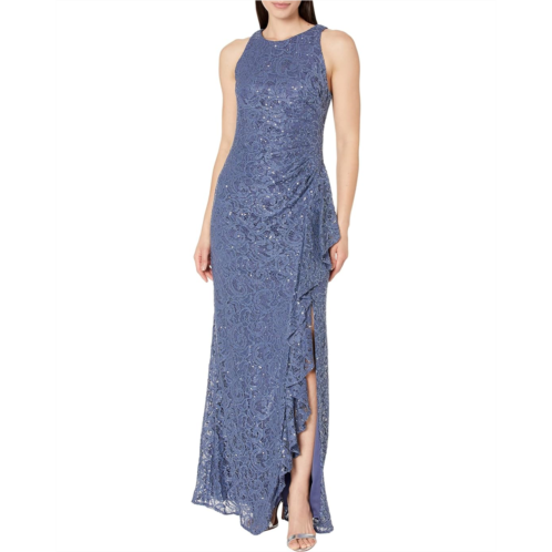 Womens Alex Evenings Long Sleeveless Dress with Cascade Ruffle Detail and Front Slit