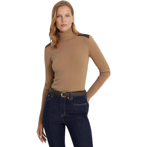 POLO Ralph Lauren Womens Lauren Ralph Lauren Petite Faux Leather Trim Ribbed Turtleneck