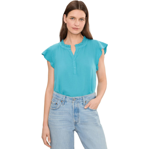 Mod-o-doc Gauze Flutter Cap Sleeve Ruffle Neck Henley Shirt