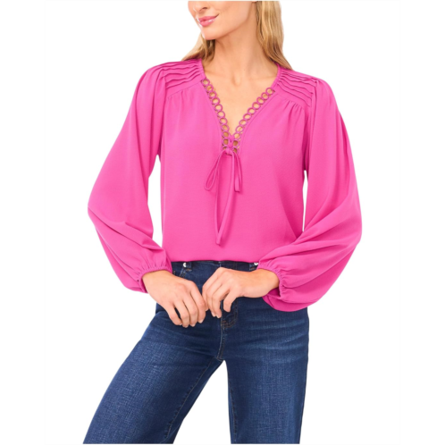 CeCe Long Sleeve Circular Trim Pintuck Top