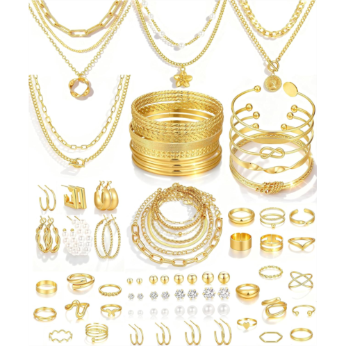 17 MILE 78 Pieces Gold Jewelry Set for Women 9 Necklace 24 Bangle Bracelet 22 Earrings 23 Knuckle Rings Gold Plated Jewerly Set for Women Gift