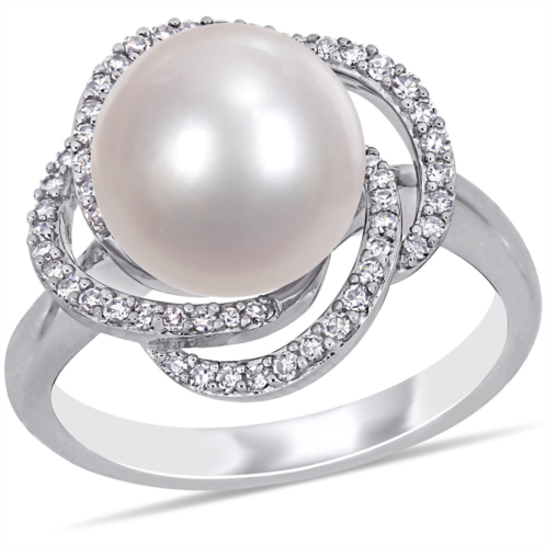 mimi & max 10-10.5mm cultured freshwater pearl 1/4ct tw diamond swirl ring 14k white gold