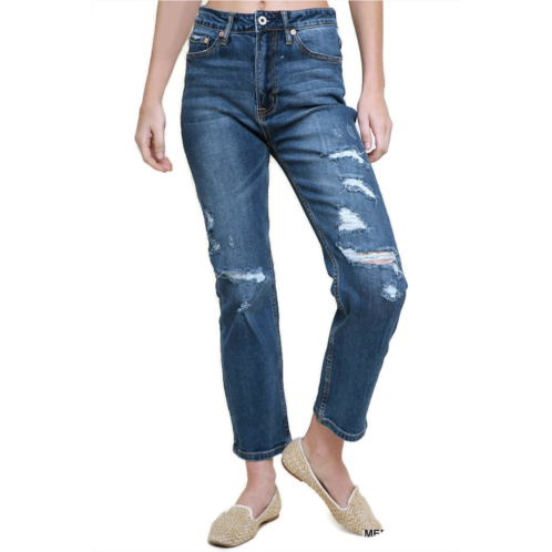 Umgee distressed high waist straight leg jean in medium wash