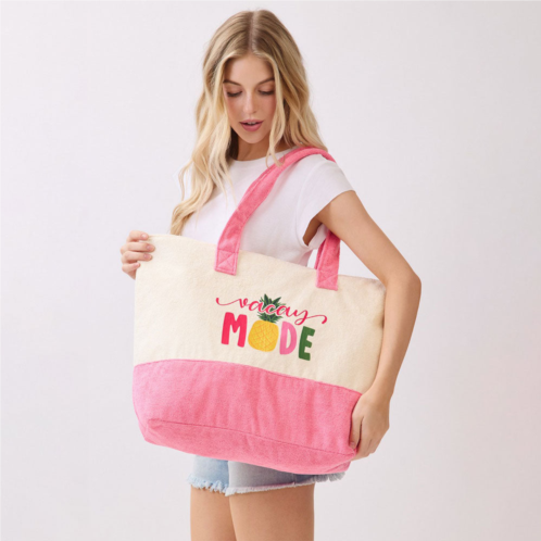 FASHNZFAB vacay mode message pineapple graphic printed terry tote bag