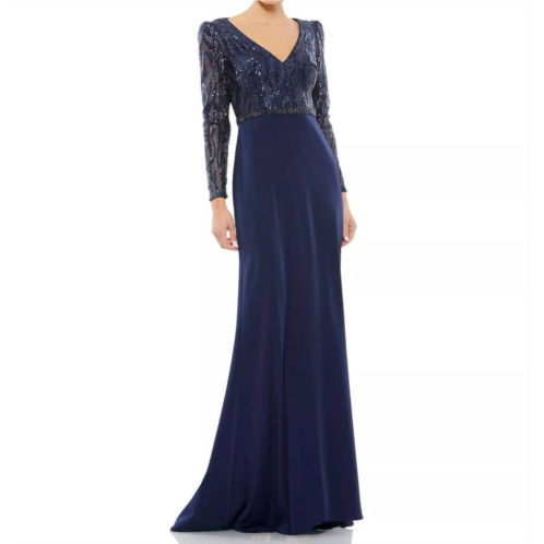 DKNY womens embellished long sleeve bodice column dress in blue