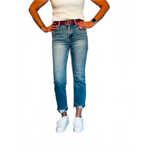 RISEN high rise distressed straight jeans in medium wash
