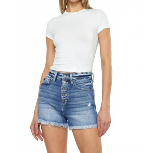 KanCan button fly high rise raw hem denim shorts in blue