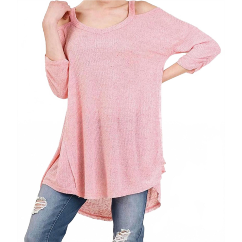 Umgee shirred sleeve cold shoulder tunic in pink