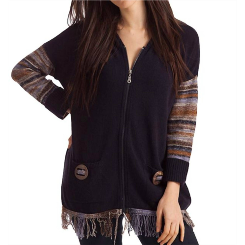 French kyss mckenna zip hoodie w/ fringe in black multi