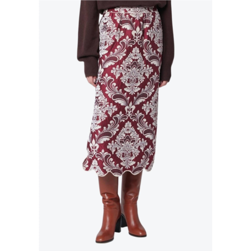 FARM RIO bicolor jacquard waves midi skirt in blush pink burgundy
