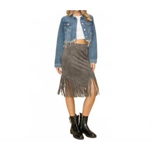 VOCAL APPAREL rhinestone hem denim jacket in medium blue