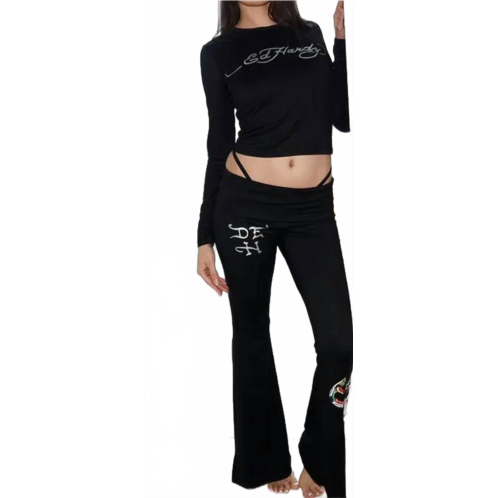 Ed Hardy panther snake long sleeve and fold over yoga pants in black