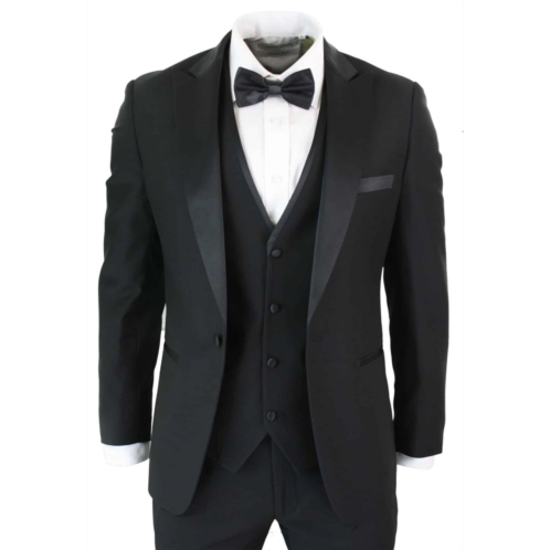 Oliver Tweed mens 3 piece black tuxedo suit classic satin dinner tailored fit wedding prom