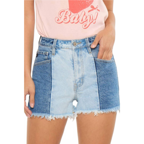 KanCan two-tone color block ultra high-rise western denim shorts in medium
