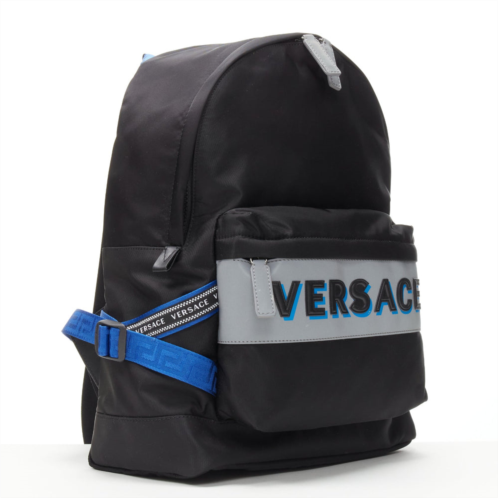VERSACE reflective logo black nylon blue greca nylon strap backpack