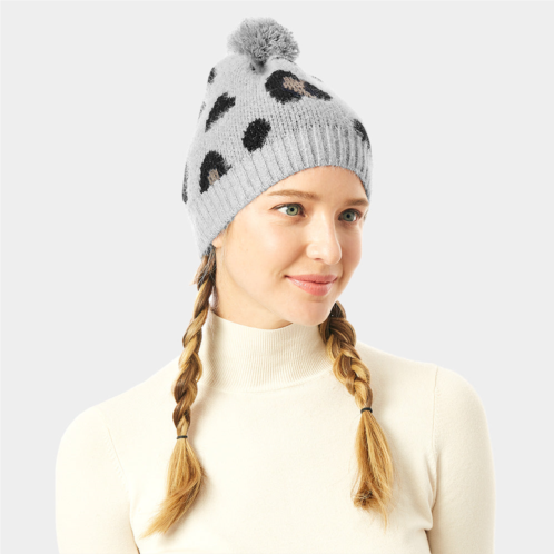 FASHNZFAB soft fuzzy leopard print beanie hat with pom pom