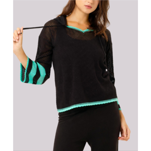 Angel Apparel crochet v-neck hoodie in black/mint