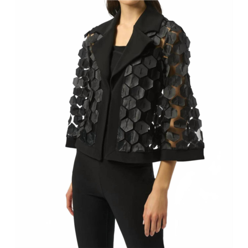 Joseph Ribkoff collared embroidered mesh trapeze jacket in black/silver