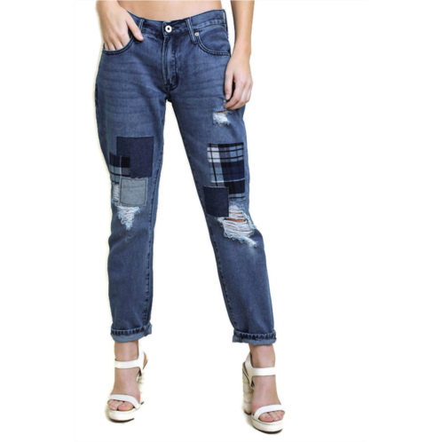 Umgee distressed patchwork boyfriend jean in dark denim