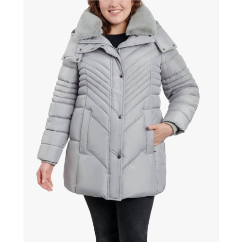 London Fog plus size zip-front hooded puffer jacket with button-off fur collar in pearl grey
