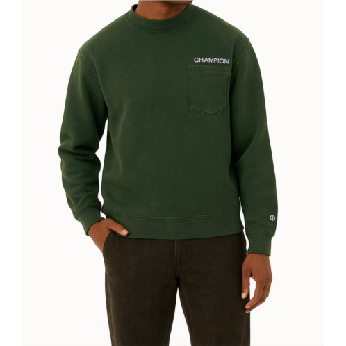 Champion mens washed pocket crewneck sweatshirt in forest green