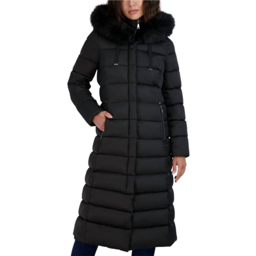 Tahari womens phoebe oversized faux fur trim maxi coat in black