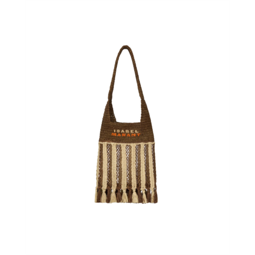 ISABEL MARANT handwoven raffia tote bag with fringe and logo detail