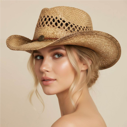 FASHNZFAB boho western charm accent band breathable woven cowboy fedora sun hat