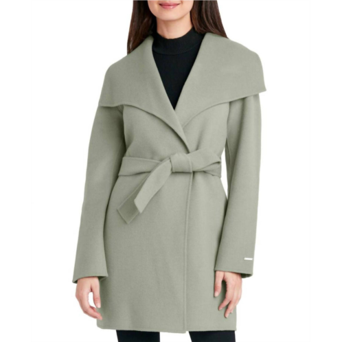 T Tahari women tie belt wing collar wool wrap coat in sage