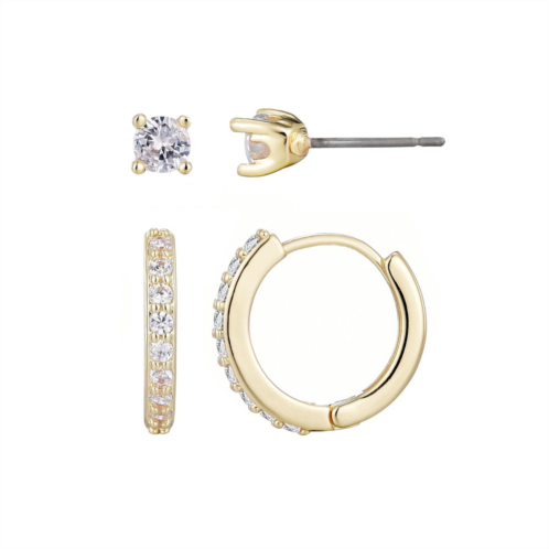Adornia 14k gold plated cz huggie and solitaire stud set