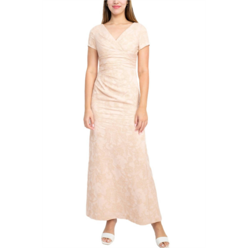 Adrianna Papell v-neck pleated gathered side matelasse dress in blush gold