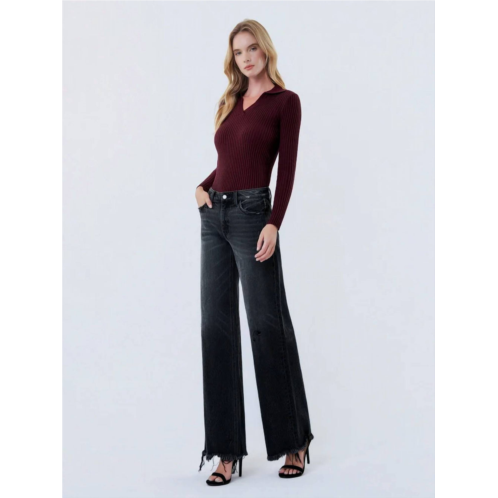 VERVET BY FLYING MONKEY mid rise distressed hem wide leg jeans in black