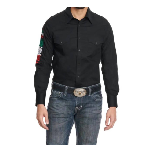 Rock & Roll Denim mens embroidered mexico logo long sleeve western shirt in black