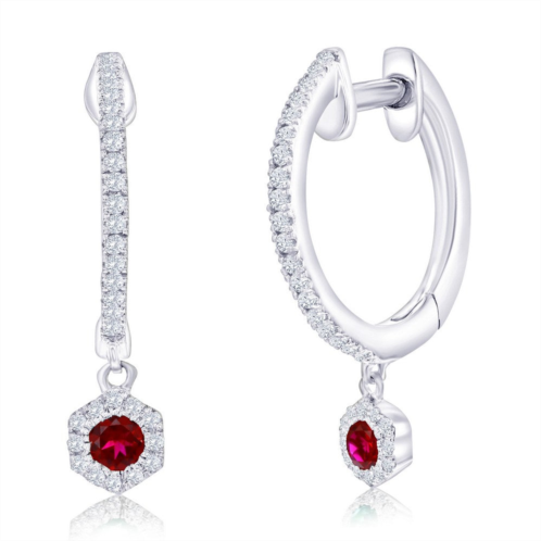 Simona sterling silver lab-grown ruby hexagon charm & natural diamond huggies