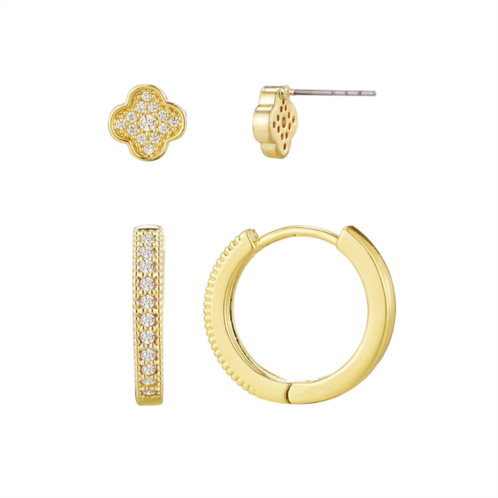 Adornia 14k gold plated cz huggie and clover stud set