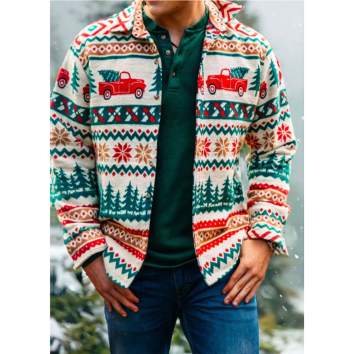 Kiel James Patrick holiday truck flannel shirt jacket in beige multi