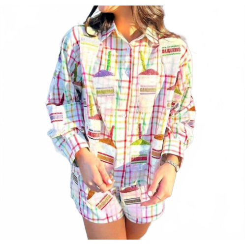 QUEEN OF SPARKLES daiquiri cotton button up long sleeve blouse in rainbow plaid