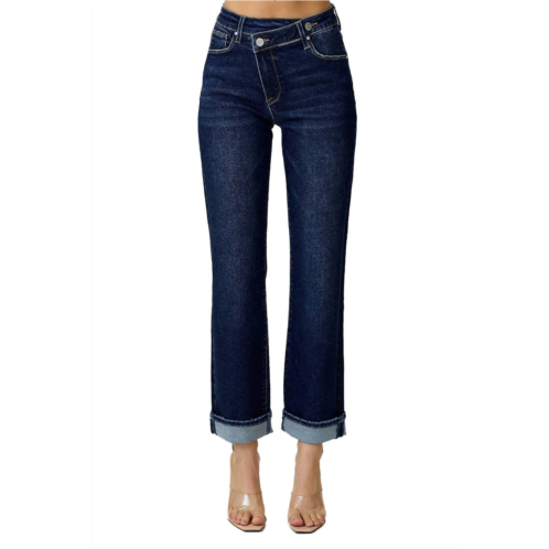 RISEN high rise crossover straight leg jeans in dark blue