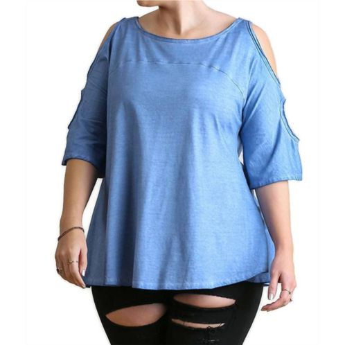 Umgee mineral washed cold shoulder top - plus in indigo