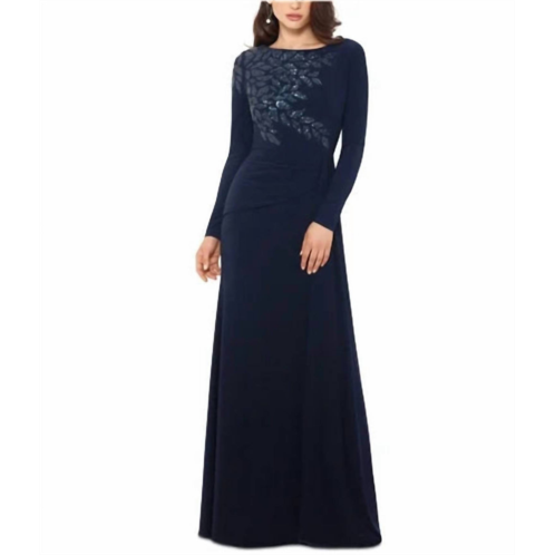 Xscape long sleeve sequin shoulder gown in navy