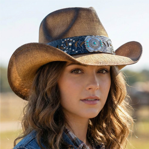 FASHNZFAB vintage turquoise gem flower concho band straw cowboy hat