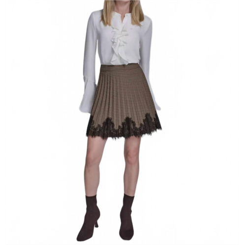 BCBGMAXAZRIA lace hem pleated skirt in black/brown plaid