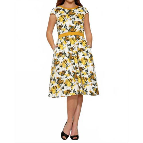 Orchid Bloom cap sleeves midi dress in white with yellow floral