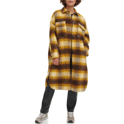 Levi longline shirt jacket womens yellow brown plaid button front frog330