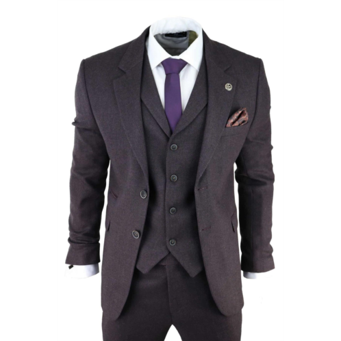 Oliver Tweed mens purple plum 3 piece Tweed herringbone suit peaky blinders classic tailored
