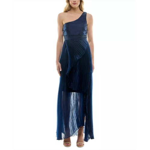 Taylor asymmetric one shoulder pleated organza gown in navy