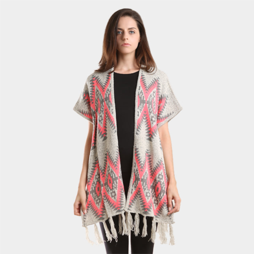 TRUEDAMES aztec chevron pattern tassel edge shawl sweater