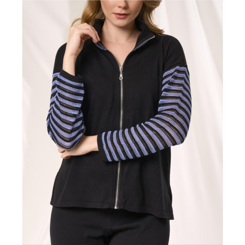 Angel Apparel stripe zip up knit top in black/denim