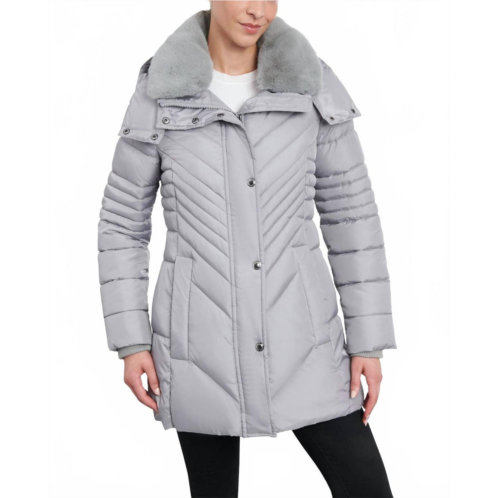 London Fog zip-front hooded puffer jacket with button-off fur collar in pearl grey